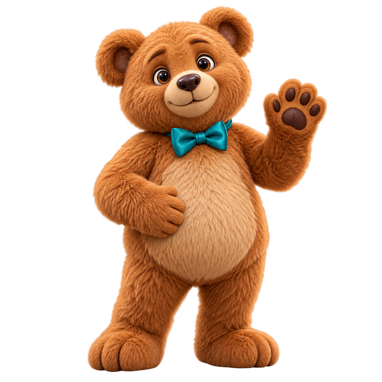 Freddy the Teddy, a friendly caramel plush bear with a teal bow tie