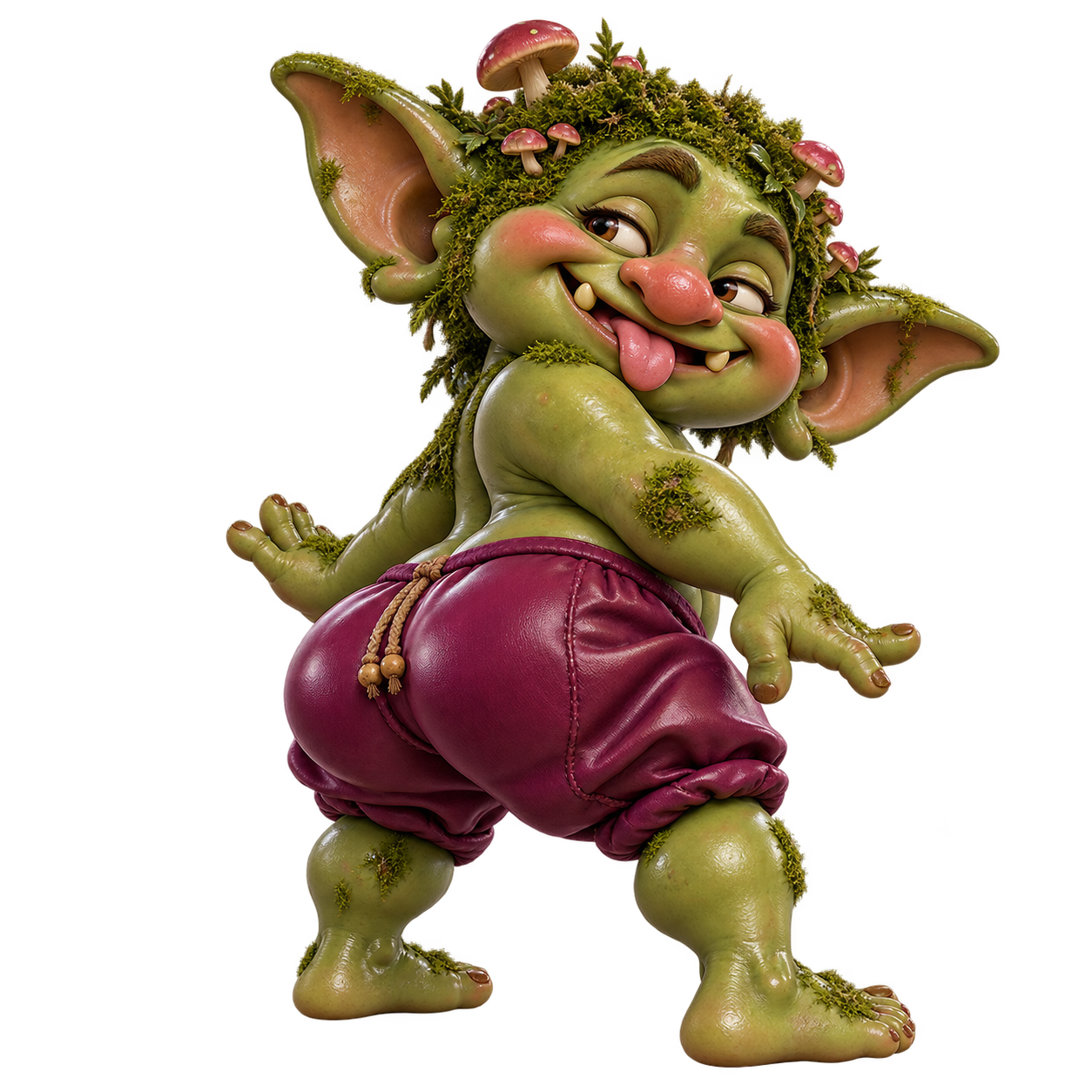 Ludi, a dancing green forest troll with mushrooms on his head and purple shorts