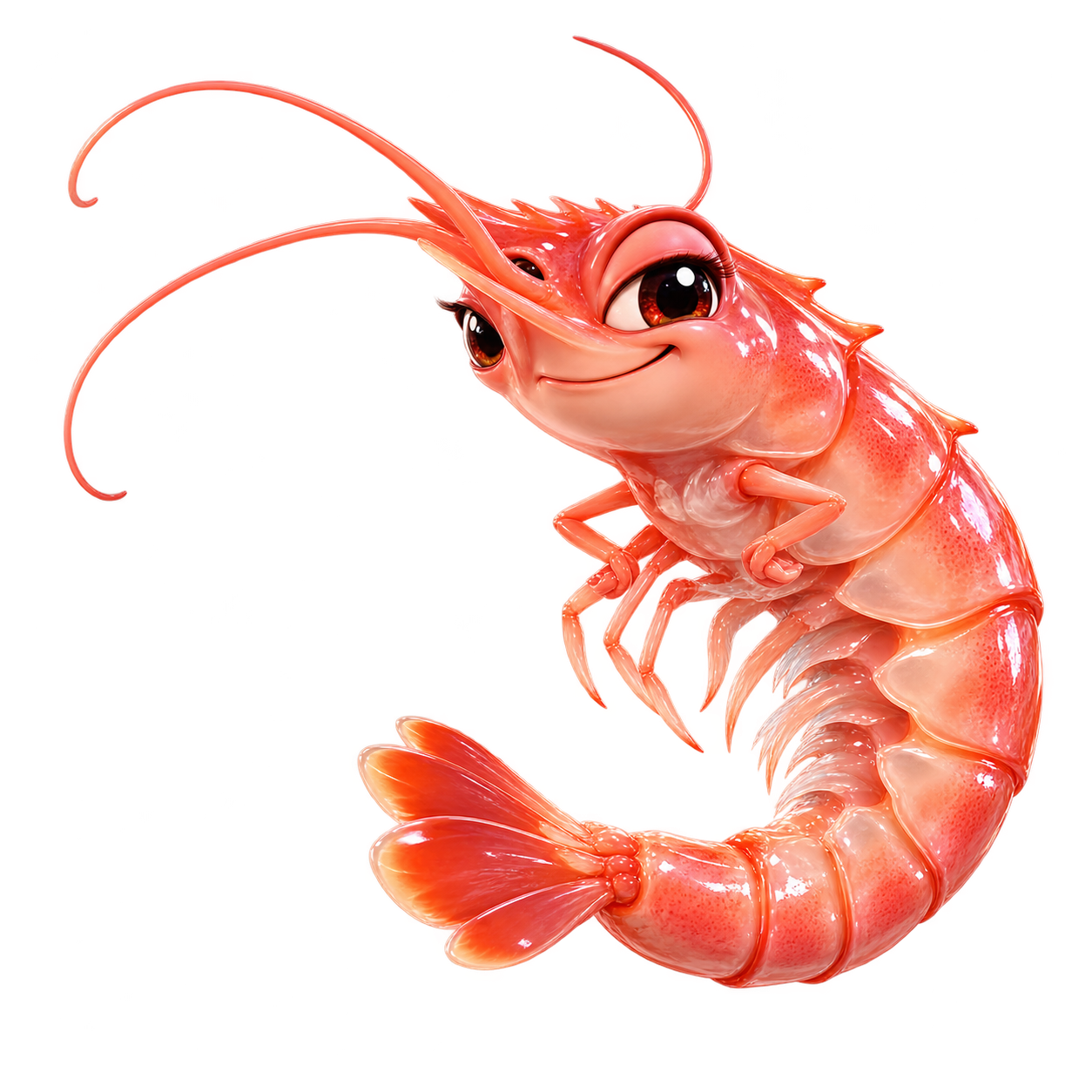 Tiny Whiny, a glossy pink 3D shrimp with big eyes