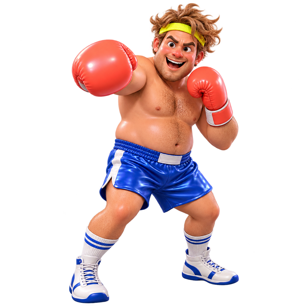 Torben, an energetic adult cartoon boxer with red gloves, blue shorts and a yellow sweatband